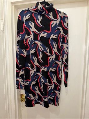 Abstract Print Turtleneck Sweater Dress - Black, Navy & Red